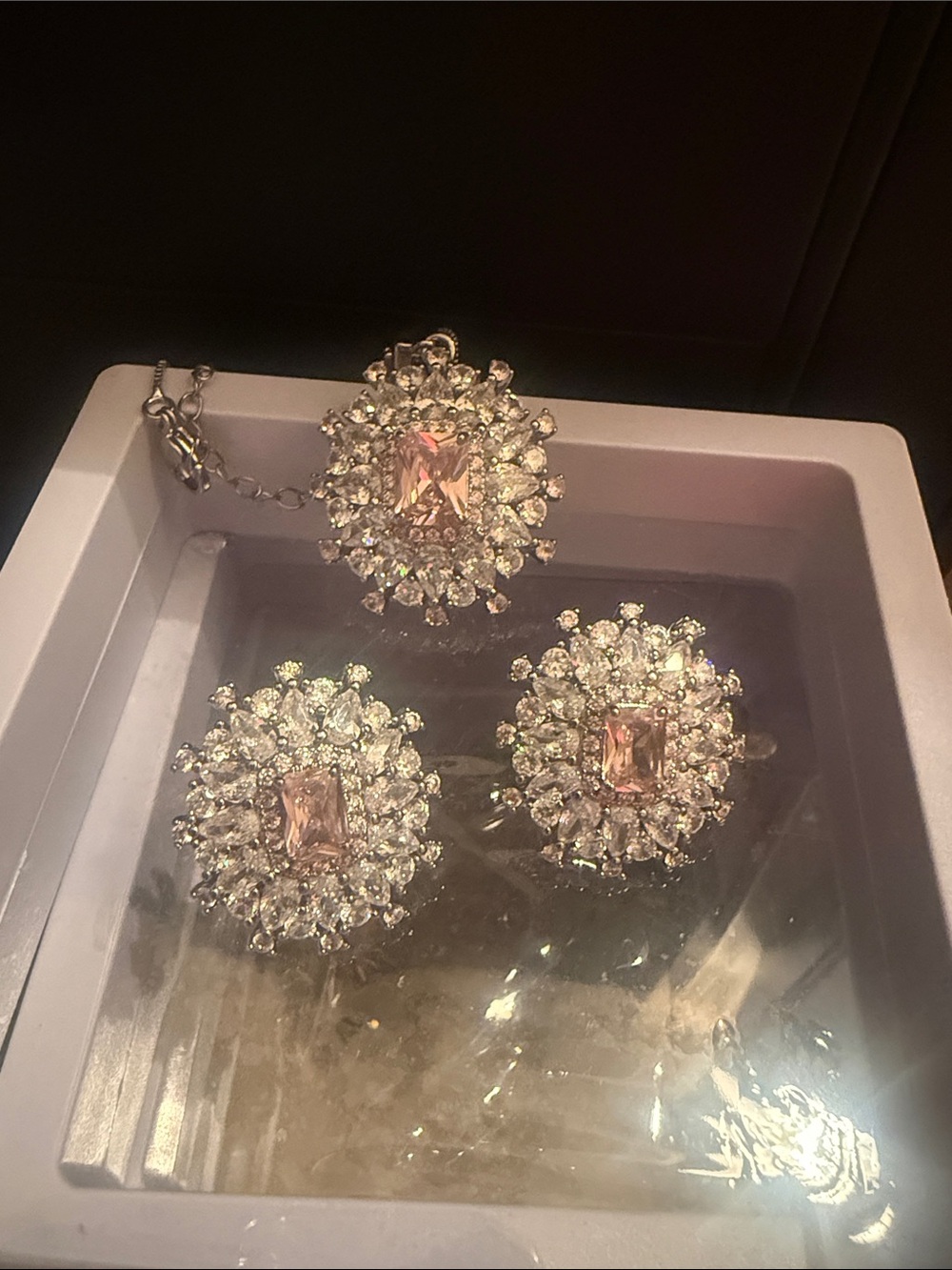 Crystal Halo Earrings and Necklace Set with Pink Center